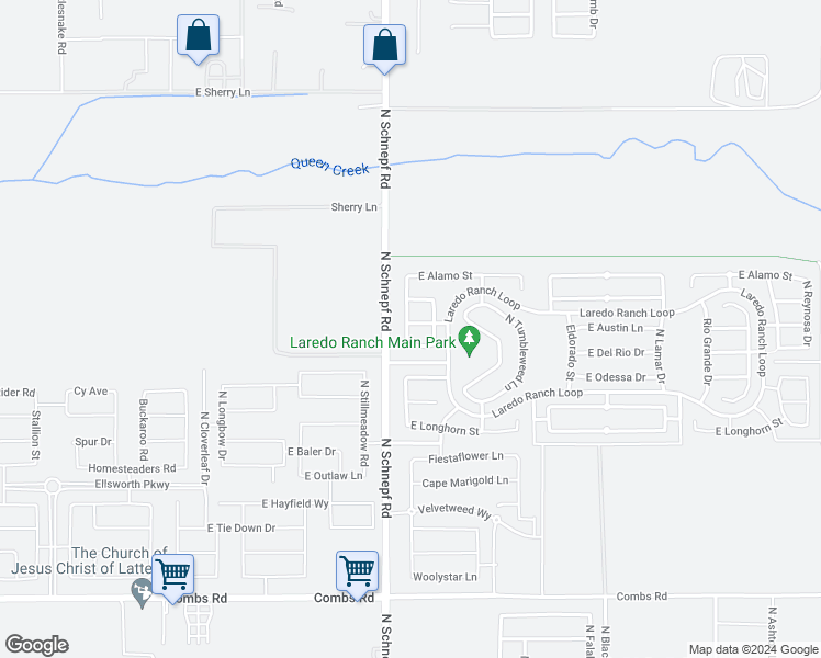 map of restaurants, bars, coffee shops, grocery stores, and more near 3541 East Austin Lane in Queen Creek