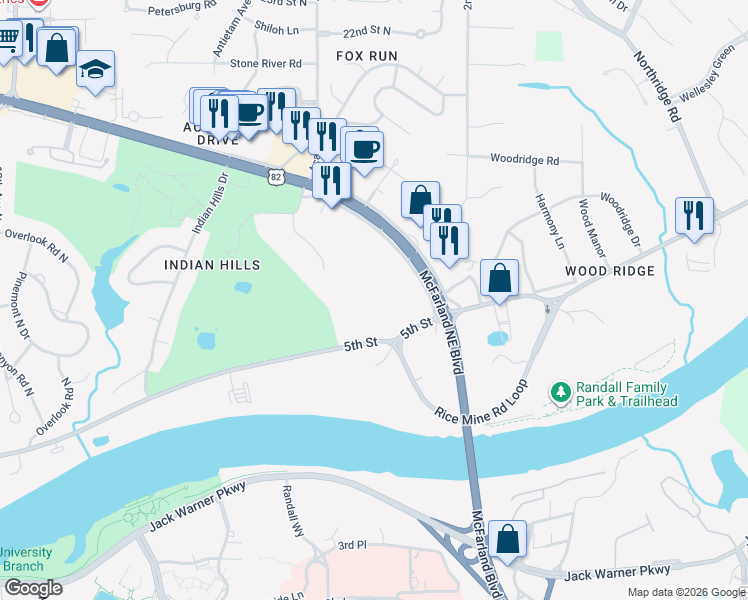 map of restaurants, bars, coffee shops, grocery stores, and more near 150 Rice Mine Road North in Tuscaloosa
