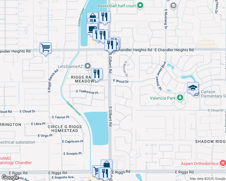 map of restaurants, bars, coffee shops, grocery stores, and more near 5340 South Dragoon Drive in Chandler
