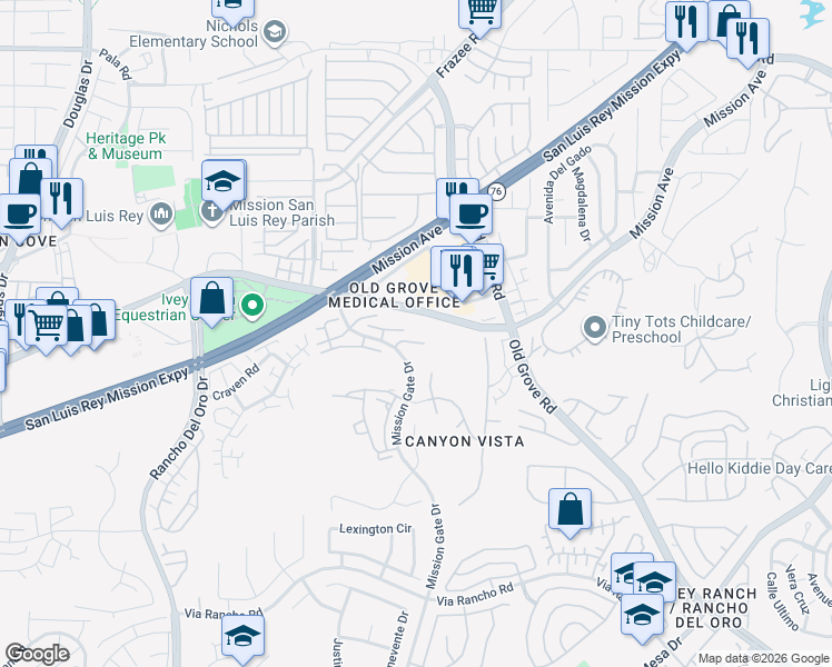 map of restaurants, bars, coffee shops, grocery stores, and more near 4265 Mesa Vista Way in Oceanside