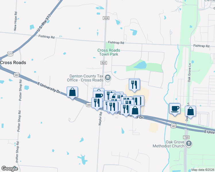 map of restaurants, bars, coffee shops, grocery stores, and more near 1400 Farm to Market Road 424 in Cross Roads