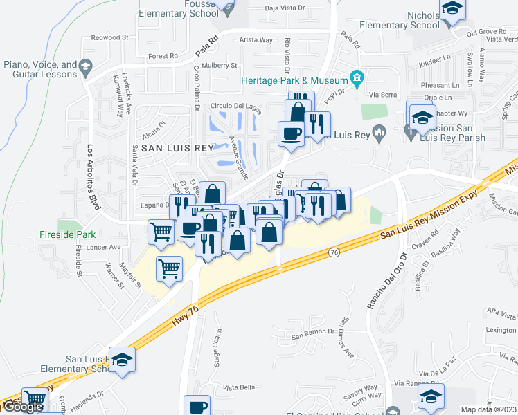 map of restaurants, bars, coffee shops, grocery stores, and more near 65 Madra Lane in Oceanside