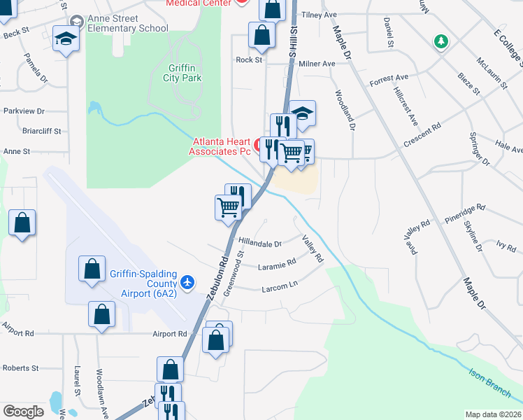 map of restaurants, bars, coffee shops, grocery stores, and more near 109 Summit Drive in Griffin
