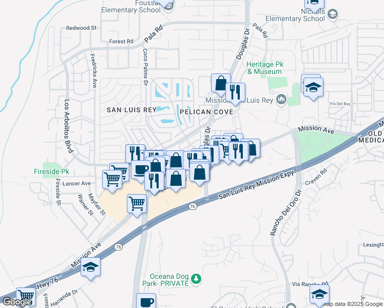 map of restaurants, bars, coffee shops, grocery stores, and more near 141 Douglas Drive in Oceanside