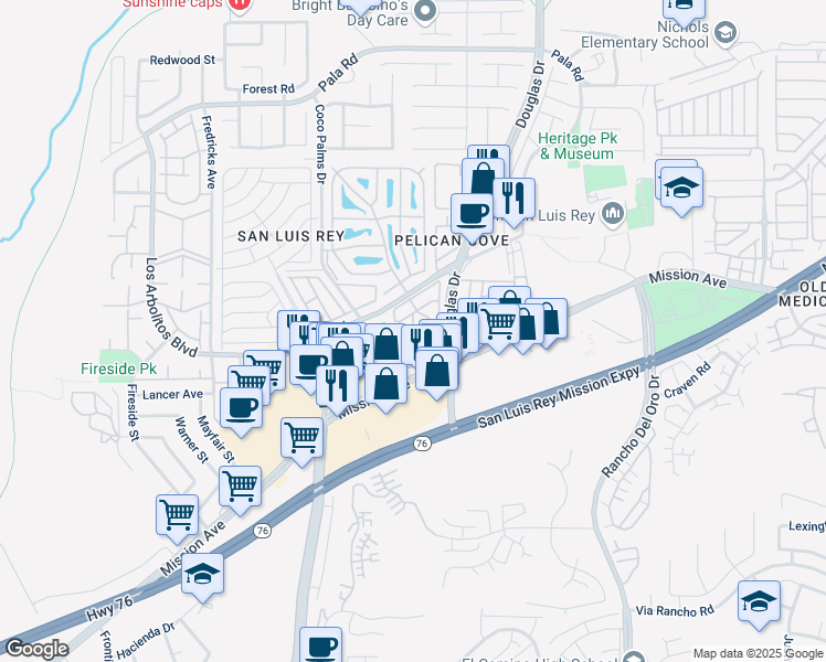map of restaurants, bars, coffee shops, grocery stores, and more near 141 Douglas Drive in Oceanside