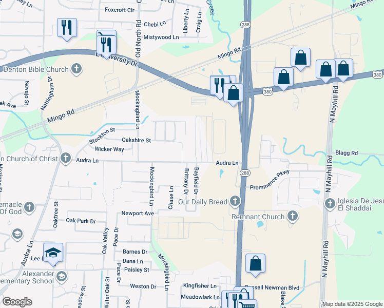 map of restaurants, bars, coffee shops, grocery stores, and more near 1211 Bayfield Drive in Denton