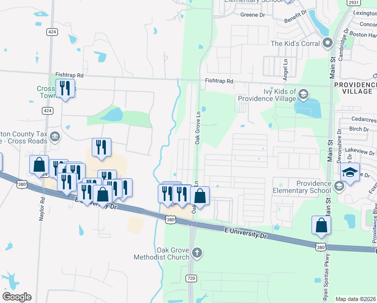 map of restaurants, bars, coffee shops, grocery stores, and more near 1425 Alamandine Avenue in Aubrey