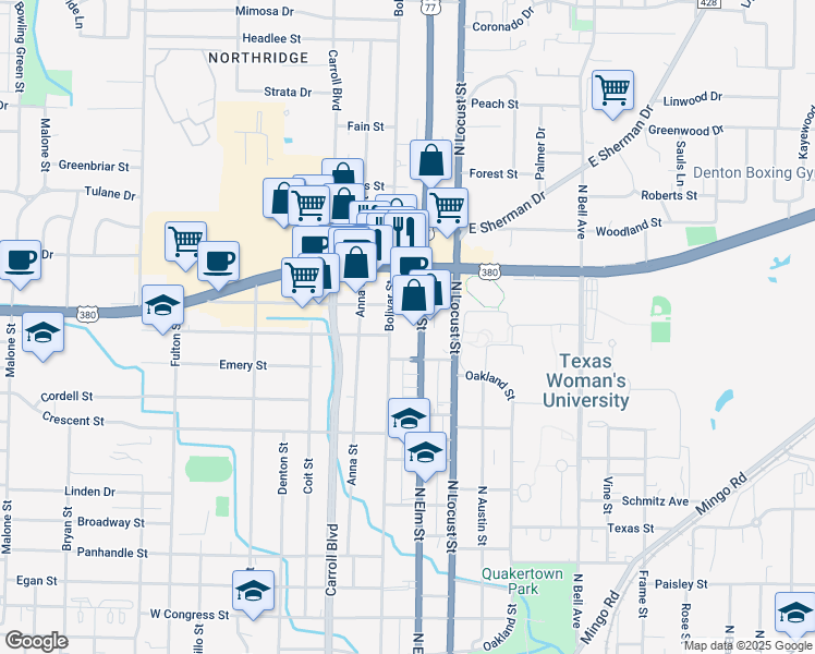map of restaurants, bars, coffee shops, grocery stores, and more near 1801 North Elm Street in Denton