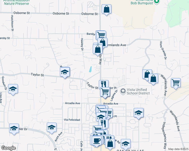 map of restaurants, bars, coffee shops, grocery stores, and more near in Vista