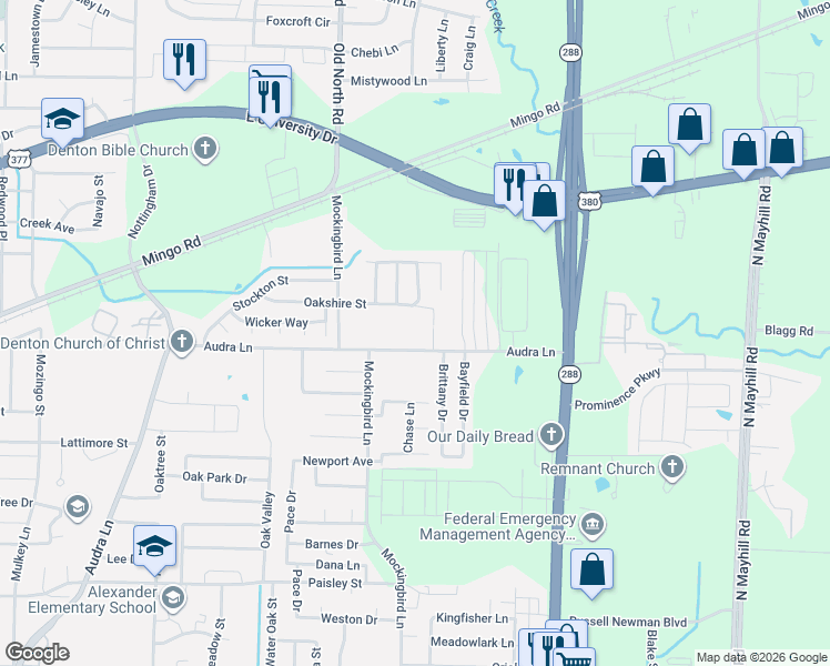 map of restaurants, bars, coffee shops, grocery stores, and more near 3028 Oakshire Street in Denton