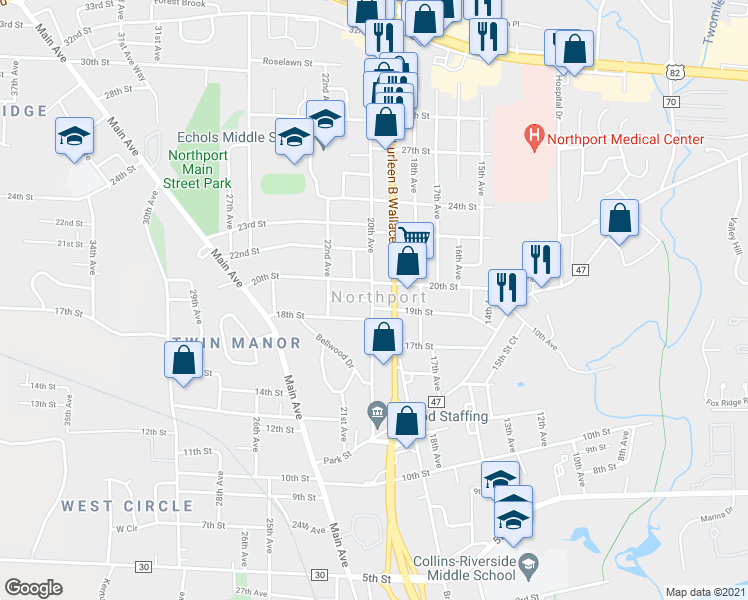 map of restaurants, bars, coffee shops, grocery stores, and more near 1951 20th Avenue in Northport