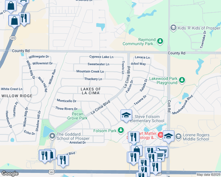 map of restaurants, bars, coffee shops, grocery stores, and more near 1900 Still House Hollow Street in Prosper