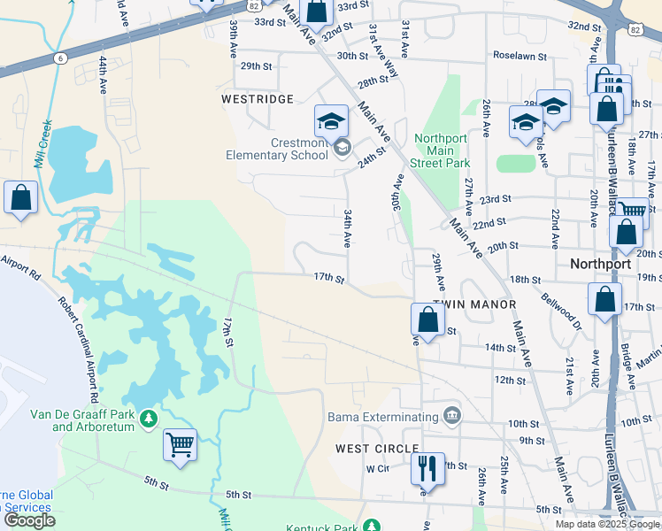 map of restaurants, bars, coffee shops, grocery stores, and more near 3600 17th Street in Northport
