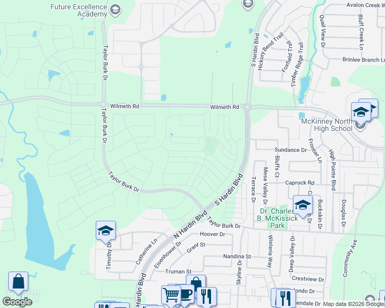 map of restaurants, bars, coffee shops, grocery stores, and more near 3233 Marilanda Road in McKinney