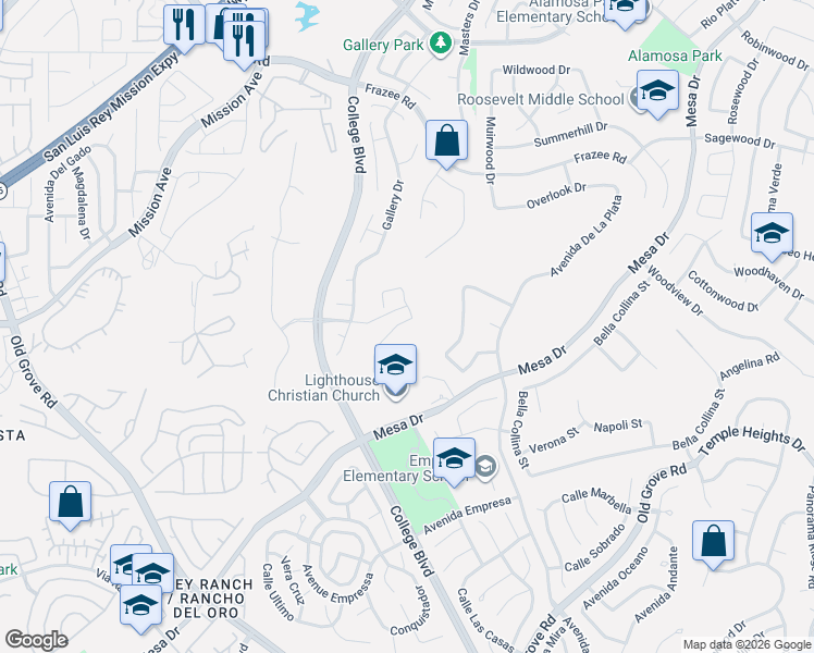 map of restaurants, bars, coffee shops, grocery stores, and more near 4749 Sandalwood Way in Oceanside