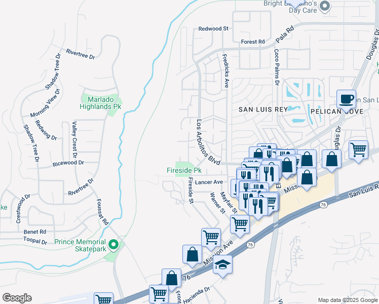 map of restaurants, bars, coffee shops, grocery stores, and more near 448 Parkside Drive in Oceanside