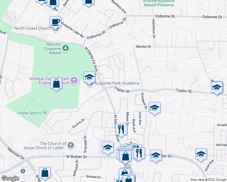 map of restaurants, bars, coffee shops, grocery stores, and more near 115 Taylor Street in Vista