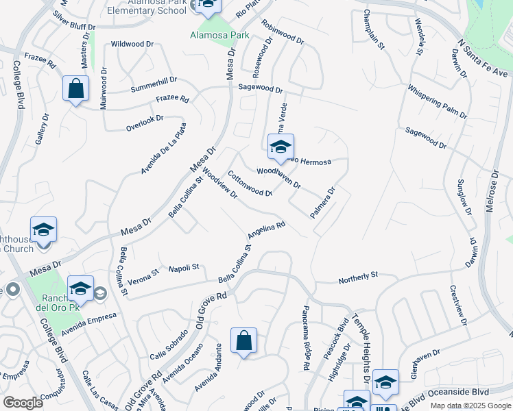 map of restaurants, bars, coffee shops, grocery stores, and more near 1314 Woodview Drive in Oceanside