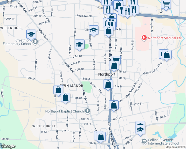 map of restaurants, bars, coffee shops, grocery stores, and more near 2109 20th Street in Northport