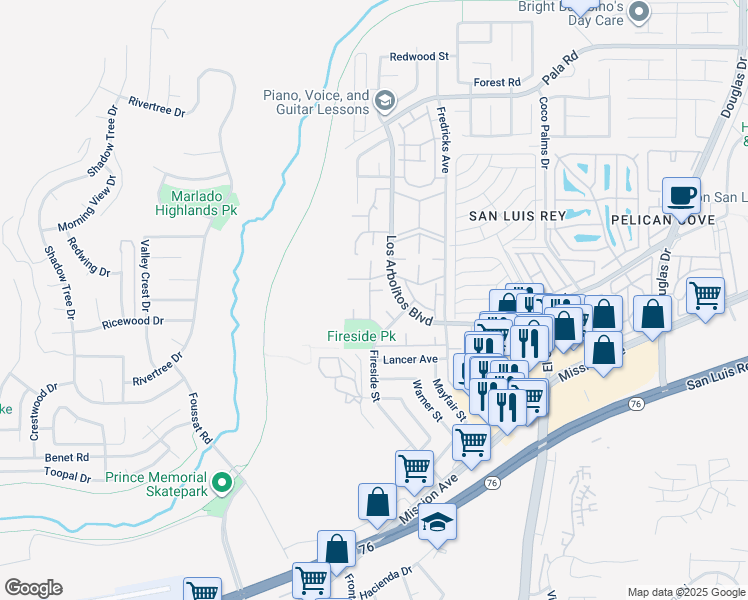 map of restaurants, bars, coffee shops, grocery stores, and more near 405 Los Arbolitos Boulevard in Oceanside