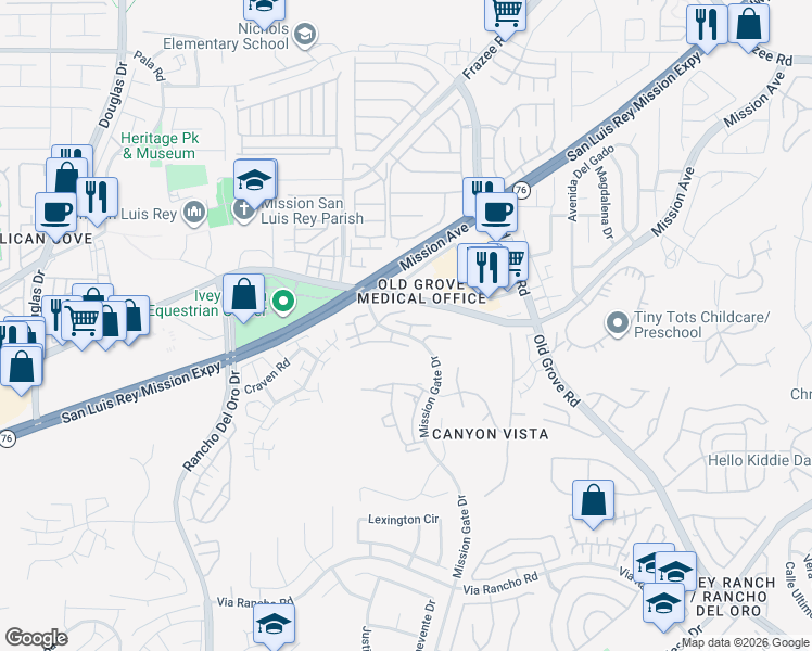 map of restaurants, bars, coffee shops, grocery stores, and more near 4249 Mesa Vista Way in Oceanside