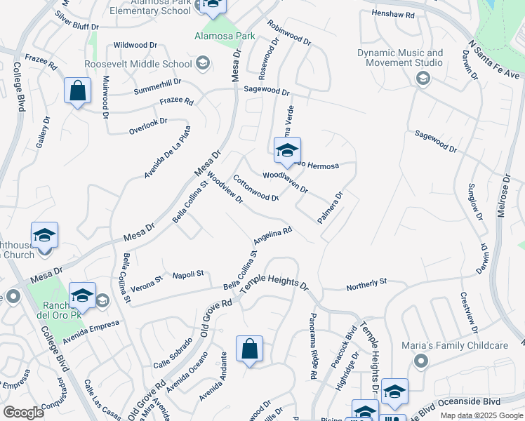 map of restaurants, bars, coffee shops, grocery stores, and more near 1314 Woodview Drive in Oceanside