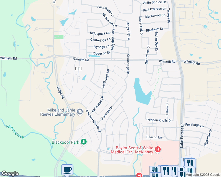 map of restaurants, bars, coffee shops, grocery stores, and more near 5521 Mount Joy Drive in McKinney