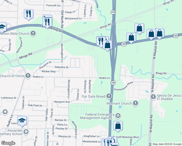map of restaurants, bars, coffee shops, grocery stores, and more near 1212 Bayfield Drive in Denton