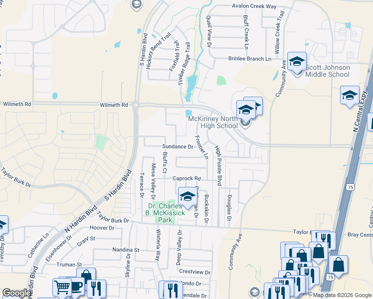 map of restaurants, bars, coffee shops, grocery stores, and more near 2621 Sundance Drive in McKinney