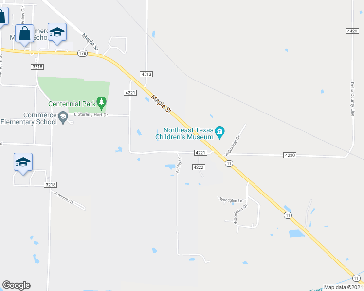 map of restaurants, bars, coffee shops, grocery stores, and more near 116 Oak Lane in Commerce