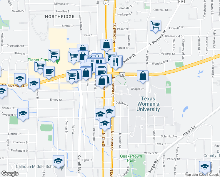 map of restaurants, bars, coffee shops, grocery stores, and more near 1805 North Locust Street in Denton