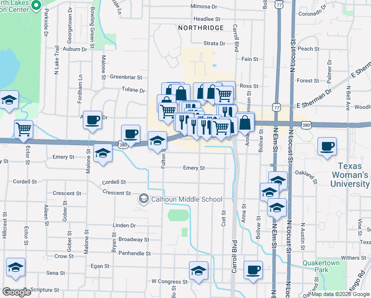 map of restaurants, bars, coffee shops, grocery stores, and more near 909 Sunset Street in Denton