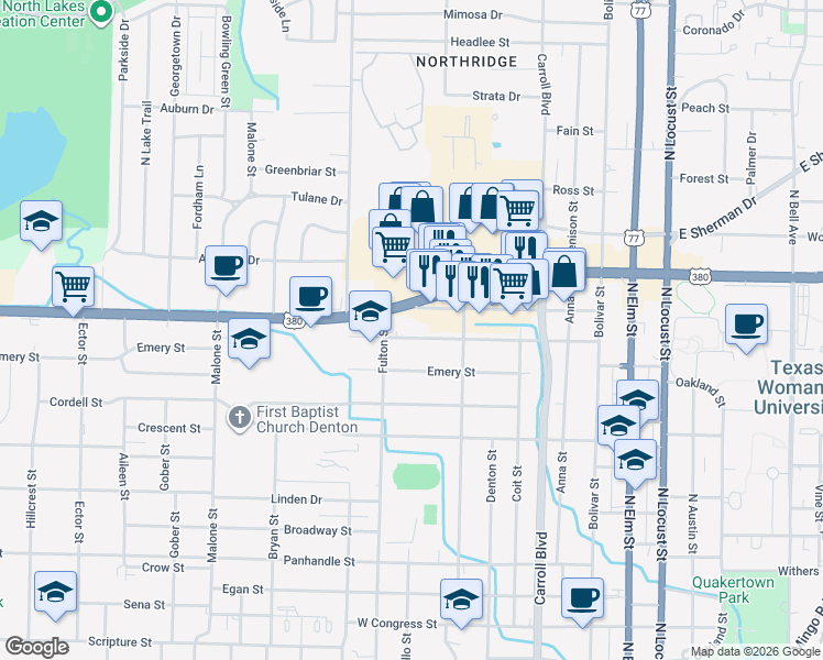 map of restaurants, bars, coffee shops, grocery stores, and more near 909 Sunset Street in Denton