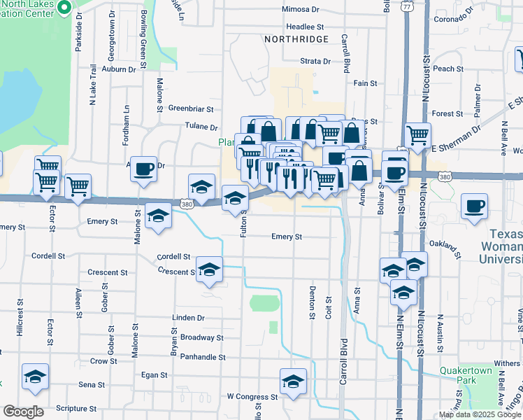 map of restaurants, bars, coffee shops, grocery stores, and more near 909 Sunset Street in Denton