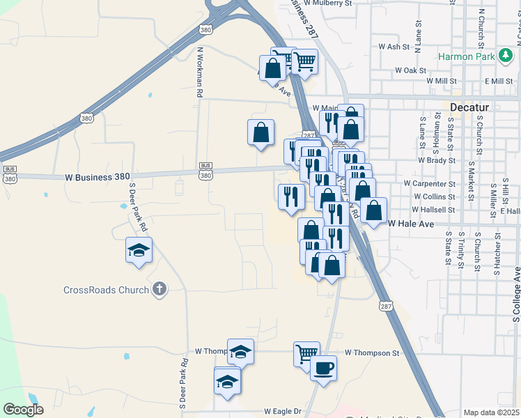 map of restaurants, bars, coffee shops, grocery stores, and more near 1201 U.S. 380 Business in Decatur