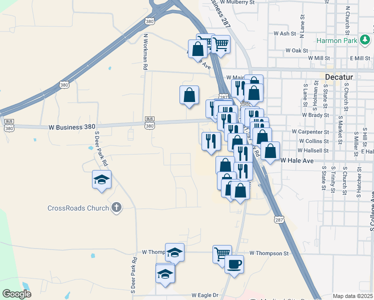 map of restaurants, bars, coffee shops, grocery stores, and more near 1201 U.S. 380 Business in Decatur