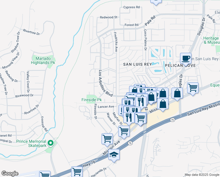 map of restaurants, bars, coffee shops, grocery stores, and more near 414 Los Arbolitos Boulevard in Oceanside