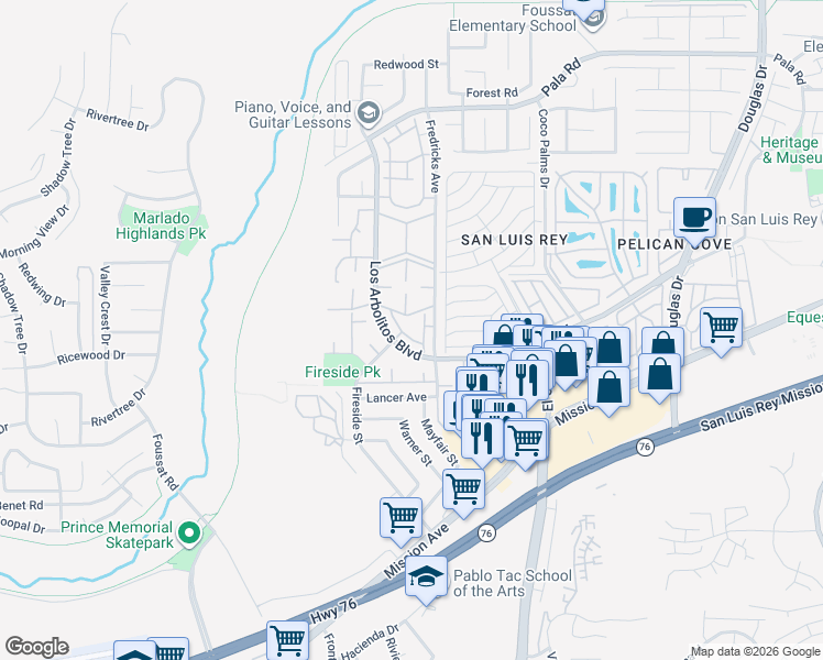 map of restaurants, bars, coffee shops, grocery stores, and more near 414 Woodpark Way in Oceanside