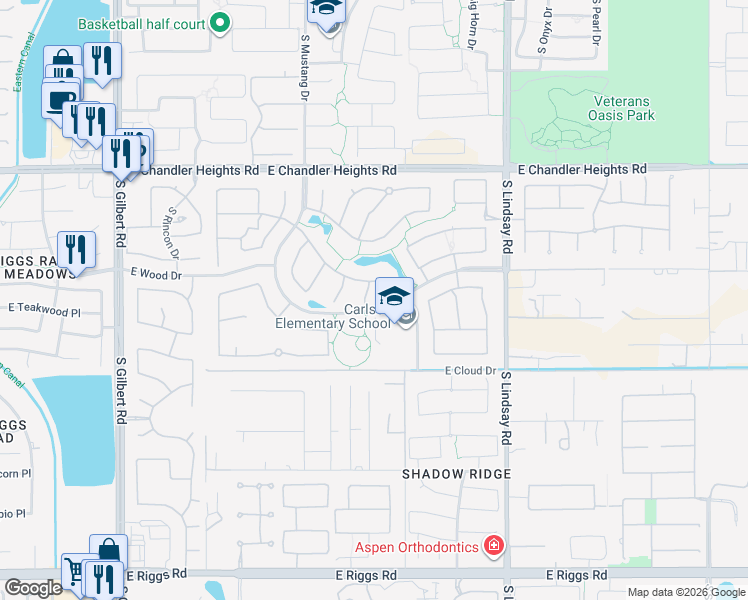map of restaurants, bars, coffee shops, grocery stores, and more near 5233 South Huachuca Place in Chandler