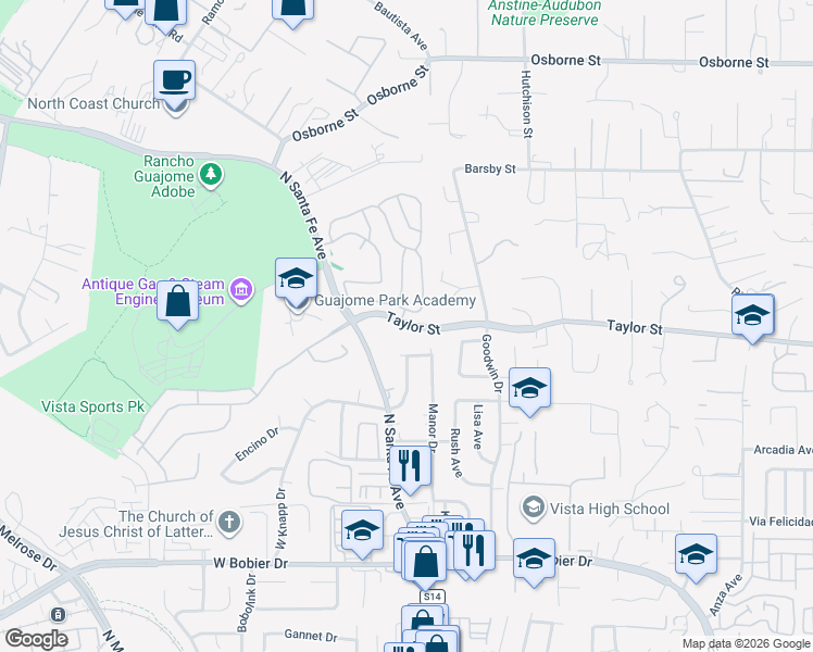 map of restaurants, bars, coffee shops, grocery stores, and more near 123 Taylor Street in Vista
