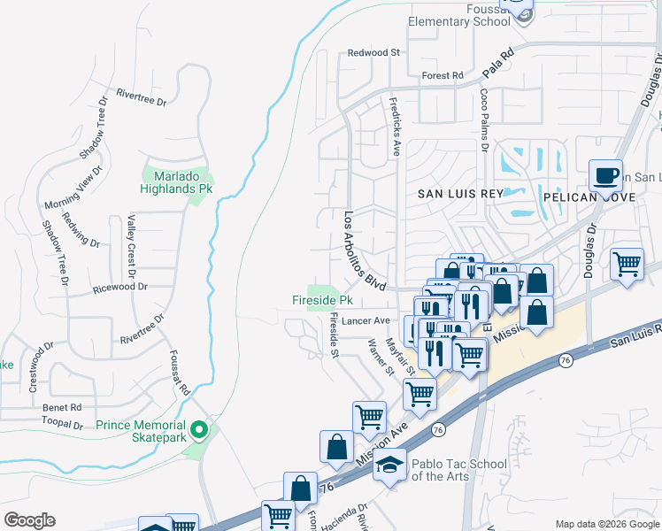 map of restaurants, bars, coffee shops, grocery stores, and more near 501 Citrus Way in Oceanside
