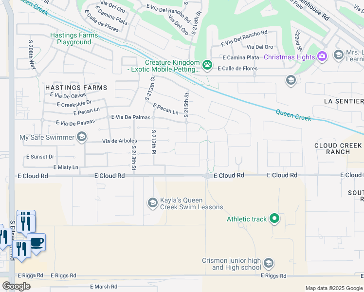 map of restaurants, bars, coffee shops, grocery stores, and more near 21482 Vía de Arboles in Queen Creek