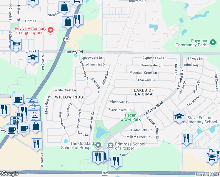 map of restaurants, bars, coffee shops, grocery stores, and more near 531 Willow Run in Prosper