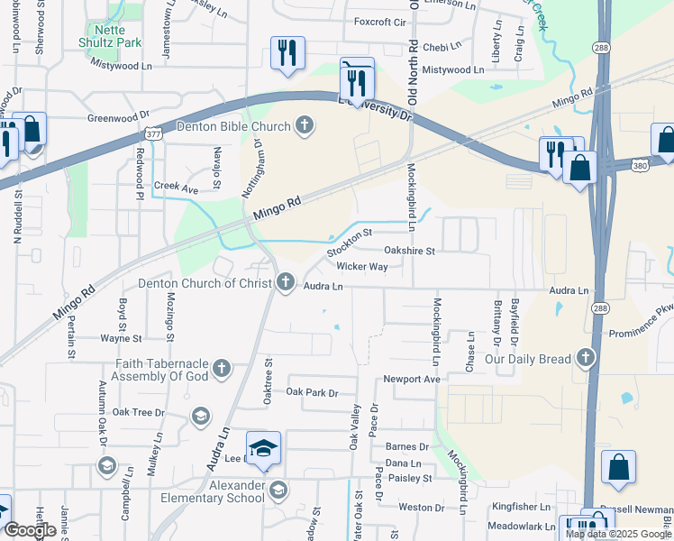 map of restaurants, bars, coffee shops, grocery stores, and more near 2805 Wicker Way in Denton