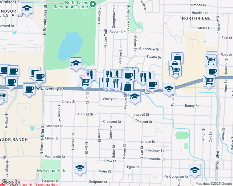 map of restaurants, bars, coffee shops, grocery stores, and more near 1710 W University Dr in Denton