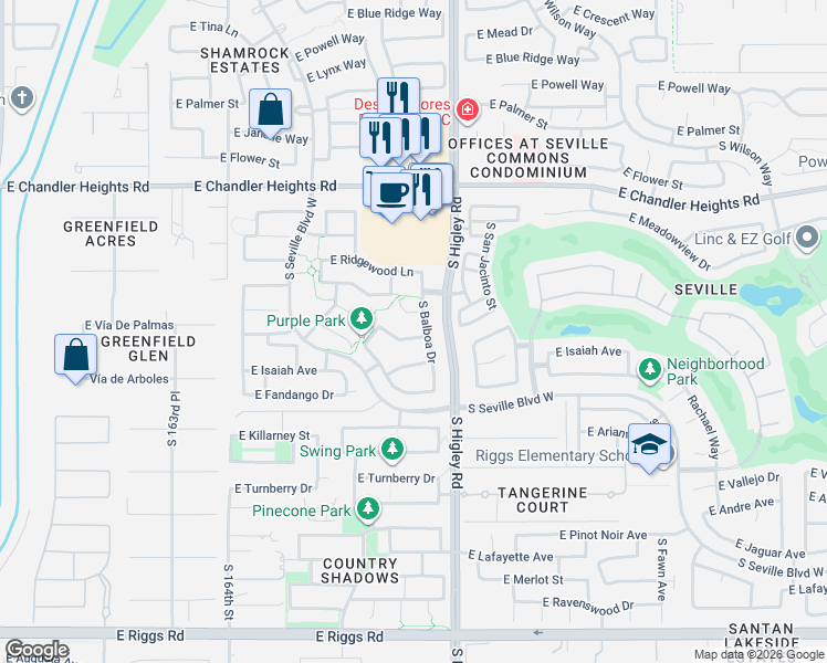 map of restaurants, bars, coffee shops, grocery stores, and more near 6643 South Balboa Drive in Gilbert