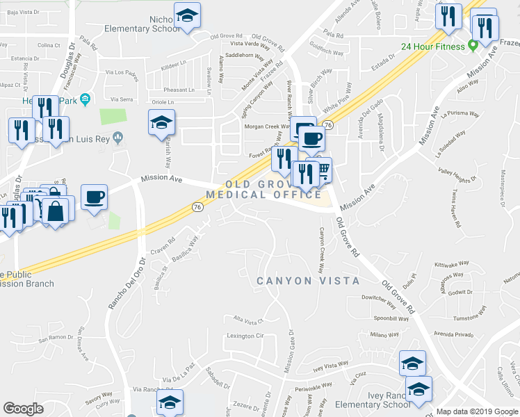 map of restaurants, bars, coffee shops, grocery stores, and more near 4265 Mesa Vista Way in Oceanside