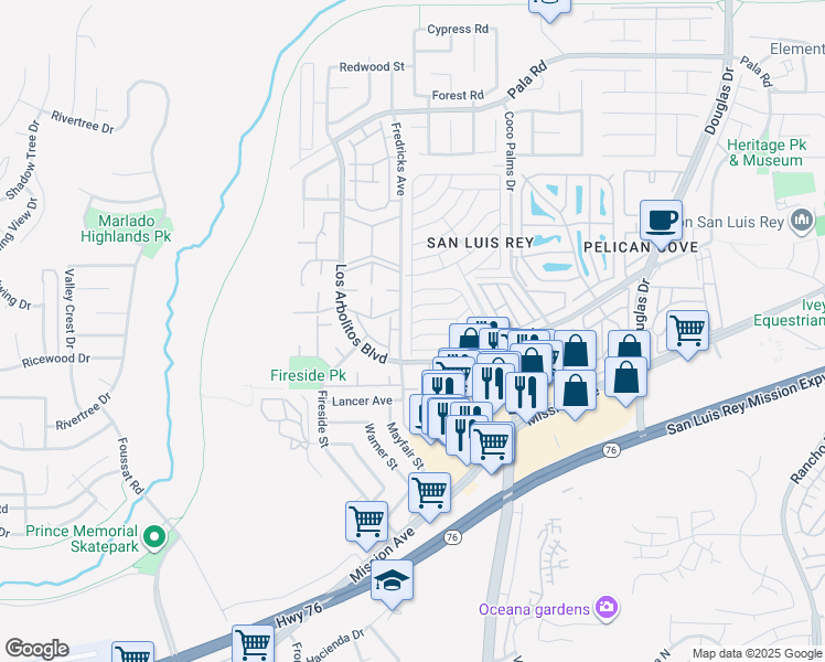 map of restaurants, bars, coffee shops, grocery stores, and more near 200 North El Camino Real in Oceanside