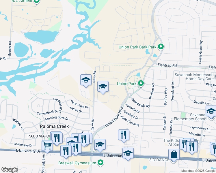 map of restaurants, bars, coffee shops, grocery stores, and more near 1701 Navo Road in Aubrey