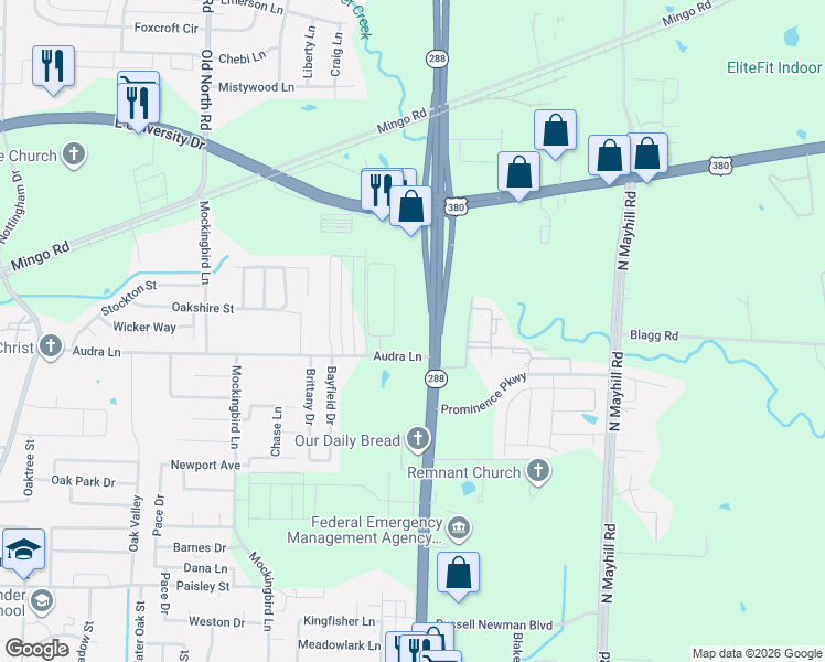 map of restaurants, bars, coffee shops, grocery stores, and more near 1280 North Loop 288 in Denton